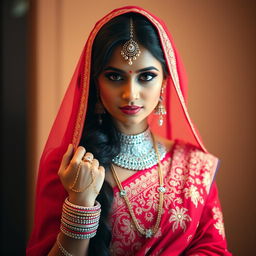 A beautiful Indian woman dressed in traditional wedding attire, wearing a vibrant red saree with intricate gold embroidery