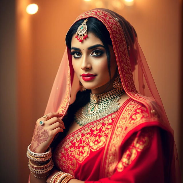 A beautiful Indian woman dressed in traditional wedding attire, wearing a vibrant red saree with intricate gold embroidery