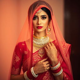 A beautiful Indian woman dressed in traditional wedding attire, wearing a vibrant red saree with intricate gold embroidery