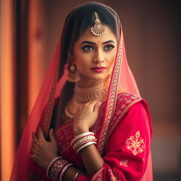 A beautiful Indian woman dressed in traditional wedding attire, wearing a vibrant red saree with intricate gold embroidery