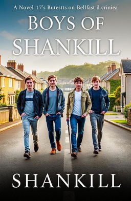 A novel cover titled 'Boys of Shankill', featuring five handsome Belfast boys, around 17 years old, confidently walking down a picturesque road