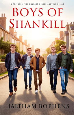 A novel cover titled 'Boys of Shankill', featuring five handsome Belfast boys, around 17 years old, confidently walking down a picturesque road