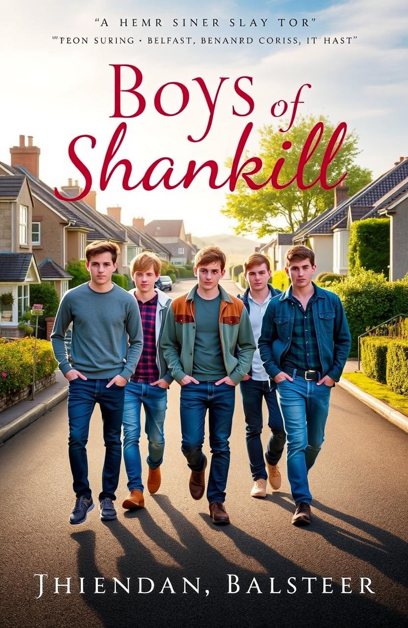 A novel cover titled 'Boys of Shankill', featuring five handsome Belfast boys, around 17 years old, confidently walking down a picturesque road
