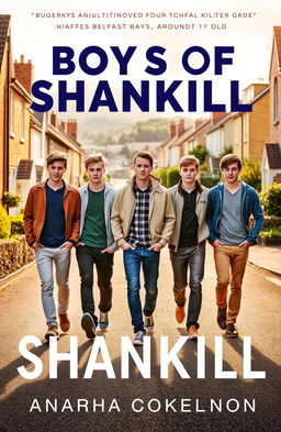 A novel cover titled 'Boys of Shankill', featuring five handsome Belfast boys, around 17 years old, confidently walking down a picturesque road