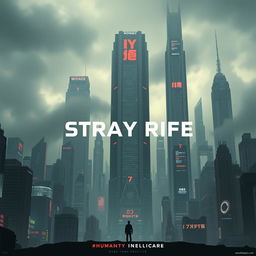 An intriguing cinema poster for a dystopian futuristic city called Stray Rife, where artificial intelligence dominates society