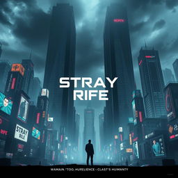 An intriguing cinema poster for a dystopian futuristic city called Stray Rife, where artificial intelligence dominates society