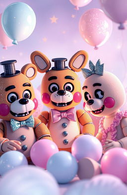 A whimsical, artistic interpretation of a scene inspired by the 'Five Nights at Freddy's' game, featuring soft pastel colors throughout