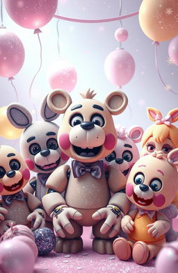 A whimsical, artistic interpretation of a scene inspired by the 'Five Nights at Freddy's' game, featuring soft pastel colors throughout