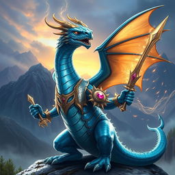 Un dragón Born azul sin alas de Dungeons & Dragons se erige con orgullo