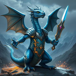 Un dragón Born azul sin alas de Dungeons & Dragons se erige con orgullo