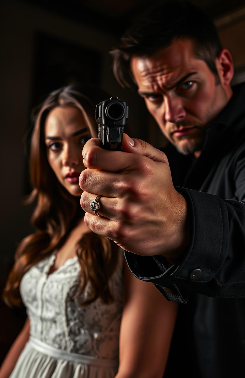 A tense scene featuring a man with an ominous expression, holding a gun aimed at a woman