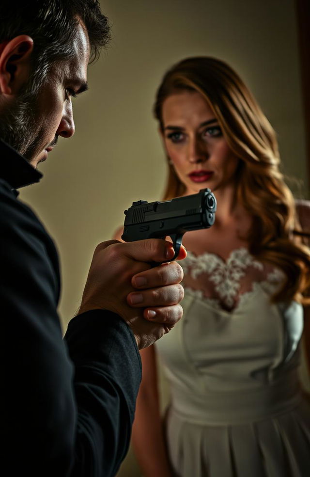 A tense scene featuring a man with an ominous expression, holding a gun aimed at a woman