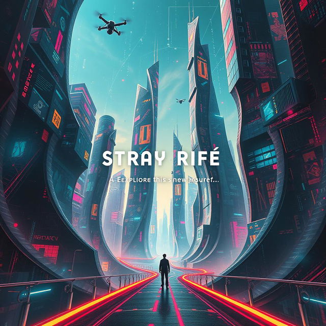 An avant-garde cinema poster for a dystopian futuristic city called Stray Rife, where artificial intelligence intertwines with society in a perplexing and chaotic manner