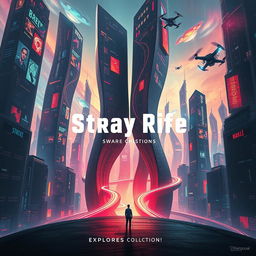 An avant-garde cinema poster for a dystopian futuristic city called Stray Rife, where artificial intelligence intertwines with society in a perplexing and chaotic manner