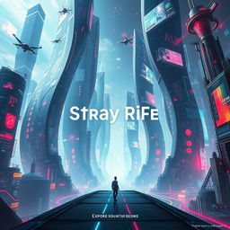 An avant-garde cinema poster for a dystopian futuristic city called Stray Rife, where artificial intelligence intertwines with society in a perplexing and chaotic manner