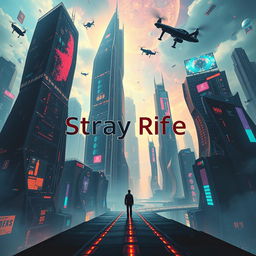 An avant-garde cinema poster for a dystopian futuristic city called Stray Rife, where artificial intelligence intertwines with society in a perplexing and chaotic manner