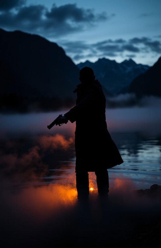 A mysterious scene set at an Austrian lake during twilight, with rolling mist rising from the water