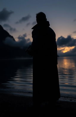 A mysterious scene set at an Austrian lake during twilight, with rolling mist rising from the water