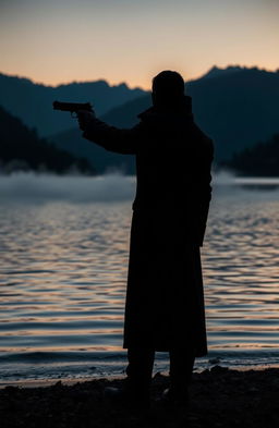 A mysterious scene set at an Austrian lake during twilight, with rolling mist rising from the water