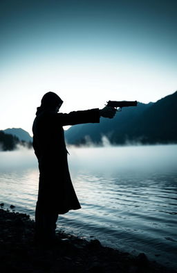 A mysterious scene set at an Austrian lake during twilight, with rolling mist rising from the water