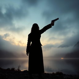 A captivating scene set at an Austrian lake during the twilight hours, shrouded in mist and mystery