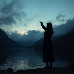 A captivating scene set at an Austrian lake during the twilight hours, shrouded in mist and mystery