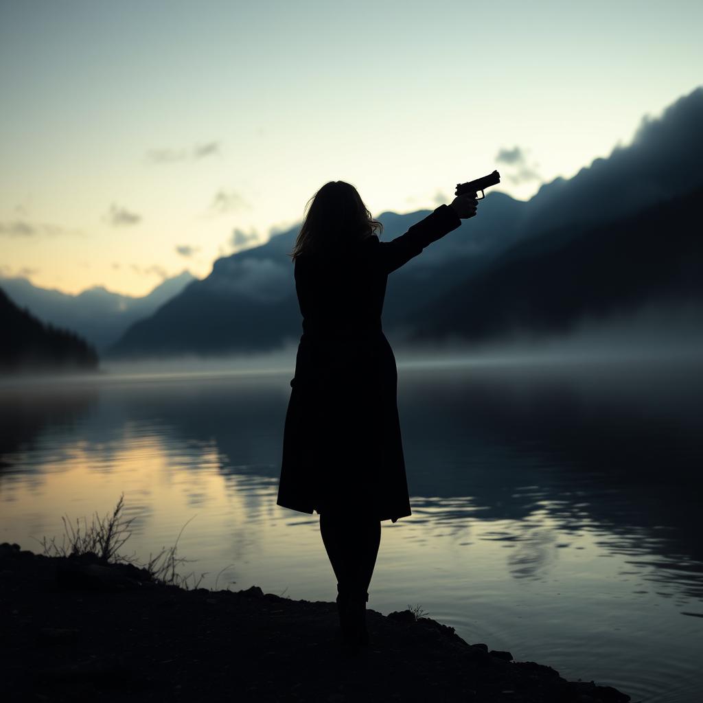 A captivating scene set at an Austrian lake during the twilight hours, shrouded in mist and mystery