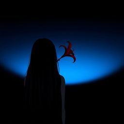 A long-haired girl with black hair seen from behind, standing against a black background transitioning into a blue gradient reminiscent of a night sky