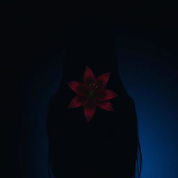 A long-haired girl with black hair seen from behind, standing against a black background transitioning into a blue gradient reminiscent of a night sky