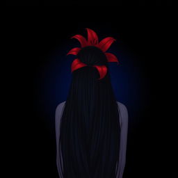 A long-haired girl with black hair seen from behind, standing against a black background transitioning into a blue gradient reminiscent of a night sky