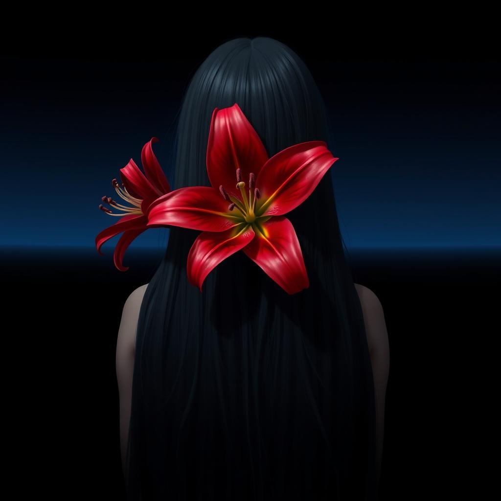 A long-haired girl with black hair seen from behind, standing against a black background transitioning into a blue gradient reminiscent of a night sky