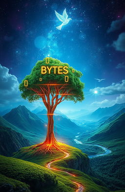 An imaginative interpretation of the concept "Bytes and Beginnings: A Digital Rebirth of Genesis", featuring a surreal, futuristic landscape that blends elements of nature and technology