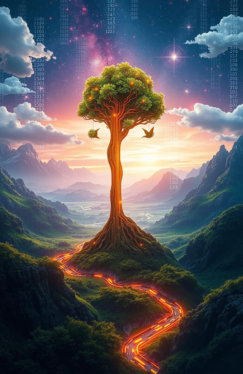 An imaginative interpretation of the concept "Bytes and Beginnings: A Digital Rebirth of Genesis", featuring a surreal, futuristic landscape that blends elements of nature and technology