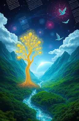 An imaginative interpretation of the concept "Bytes and Beginnings: A Digital Rebirth of Genesis", featuring a surreal, futuristic landscape that blends elements of nature and technology