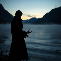 A mysterious scene set at an Austrian lake during twilight, with rolling mist rising from the water
