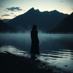 A mysterious scene set at an Austrian lake during twilight, with rolling mist rising from the water