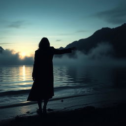 A mysterious scene set at an Austrian lake during twilight, with rolling mist rising from the water