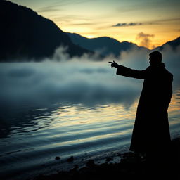 A mysterious scene set at an Austrian lake during twilight, with rolling mist rising from the water