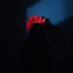 A girl with long black hair seen from behind, set against a black background with a blue gradient resembling the sky