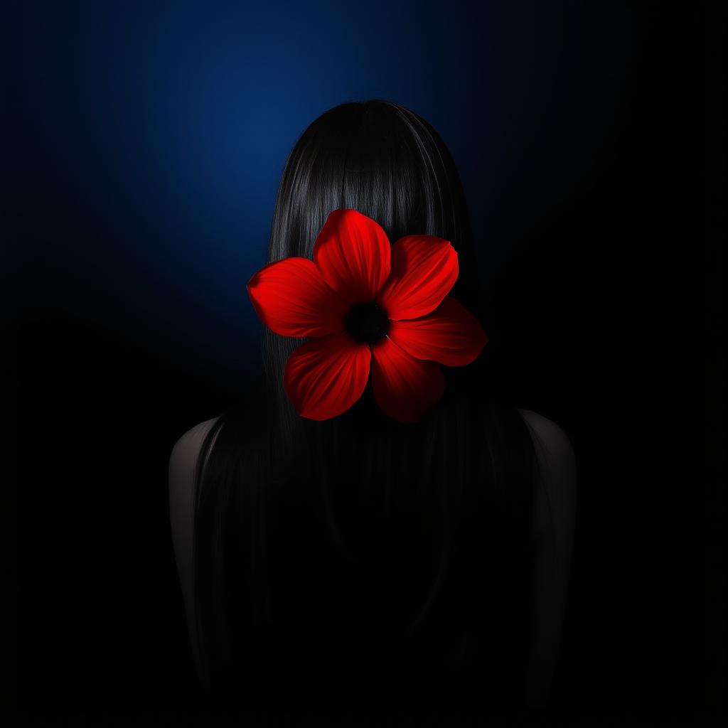 A girl with long black hair seen from behind, set against a black background with a blue gradient resembling the sky