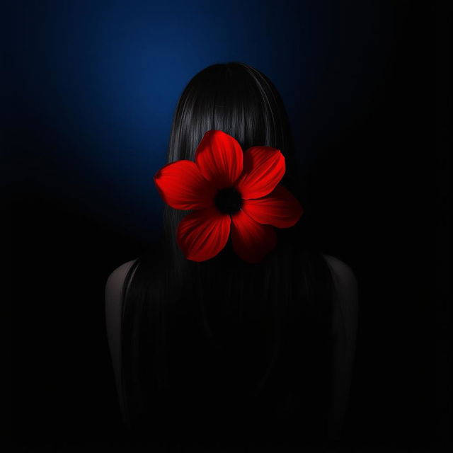 A girl with long black hair seen from behind, set against a black background with a blue gradient resembling the sky