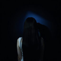 A girl with long black hair seen from behind, set against a black background with a blue gradient resembling the sky