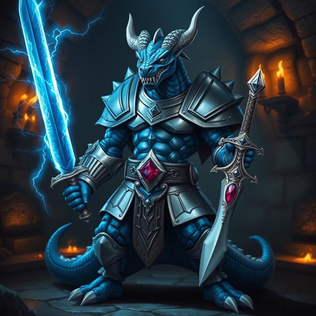 A fierce blue draconian warrior stands confidently, showcasing its unique features and armor