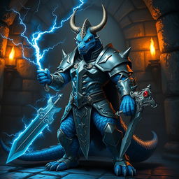 A fierce blue draconian warrior stands confidently, showcasing its unique features and armor