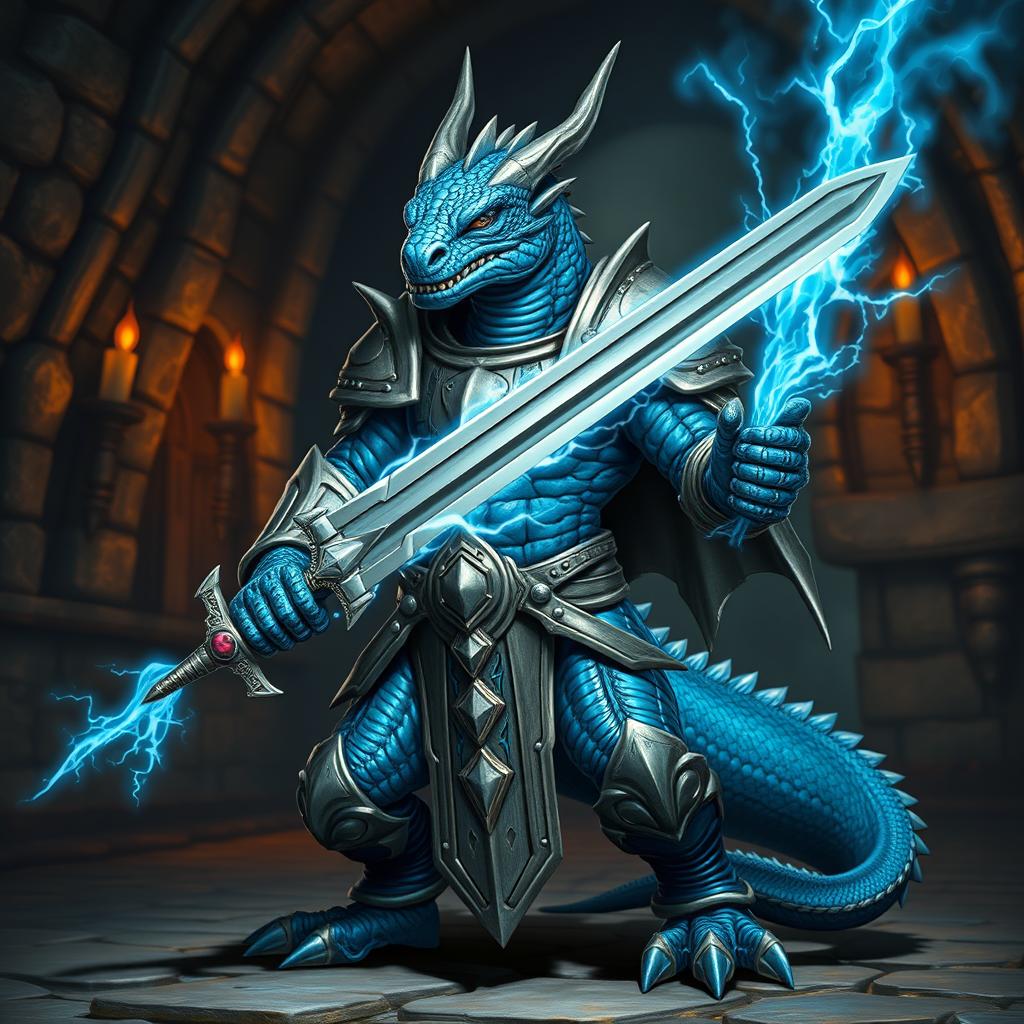 A fierce blue draconian warrior stands confidently, showcasing its unique features and armor