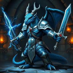 A fierce blue draconian warrior stands confidently, showcasing its unique features and armor