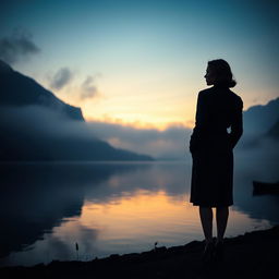 A captivating scene set at an Austrian lake during twilight, enveloped in mist