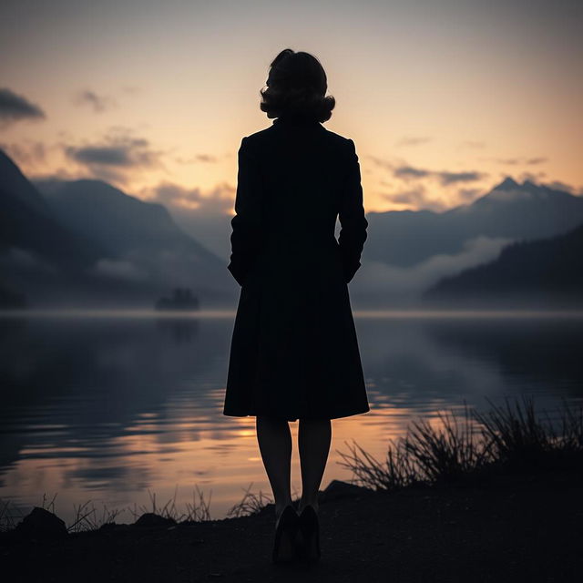 A captivating scene set at an Austrian lake during twilight, enveloped in mist