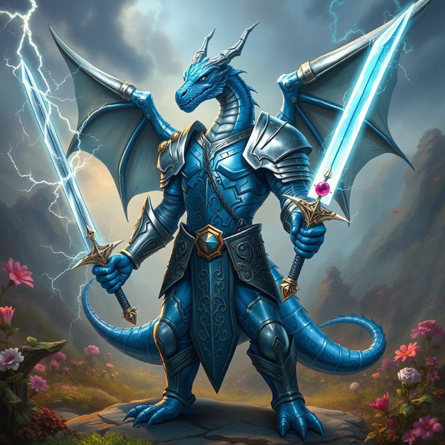 A blue dragonborn from Dungeons & Dragons 5th Edition, designed uniquely without wings, stands confidently