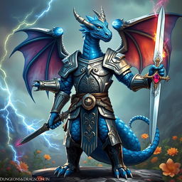 A blue dragonborn from Dungeons & Dragons 5th Edition, designed uniquely without wings, stands confidently